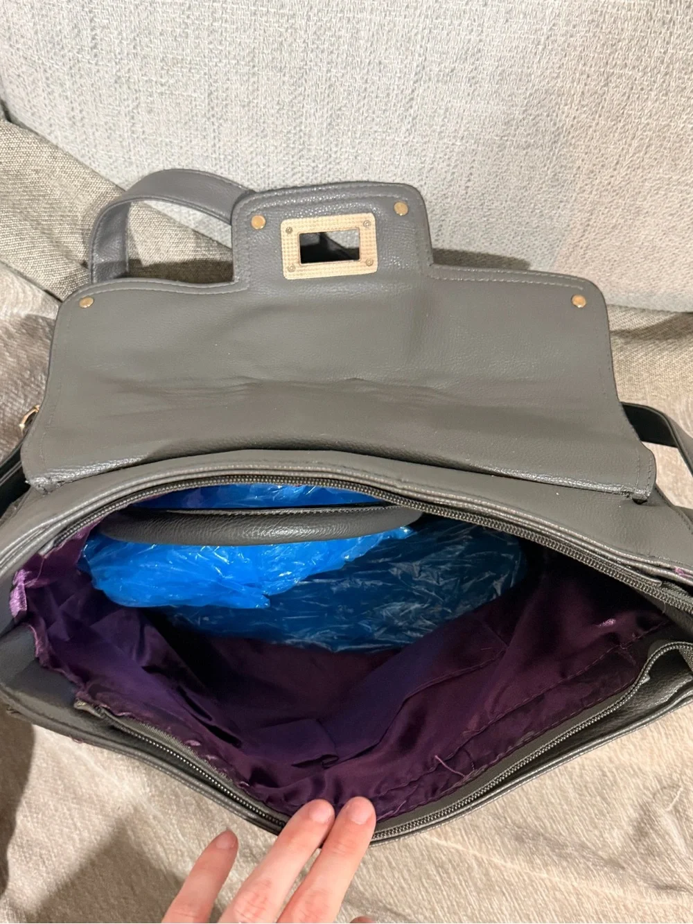 Gray Leather Shoulder Bag with Gold Hardware